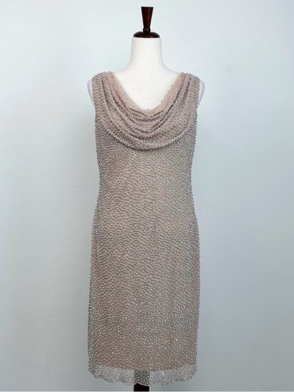 Cachet Beaded Sparkle Beige Mesh Cowl Neck Sleeveless Knee Length Dress SIZE 8